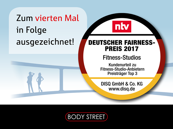 Bodystreet ist zum vierten mal in Folge Preisträger vom deutschen Fairnesspreis. Damit gehört der EMS Anbieter zu den ausgezeichneten Fitnessstudios. Top 3 in der Kundenumfrage bzw. Kundenurteil