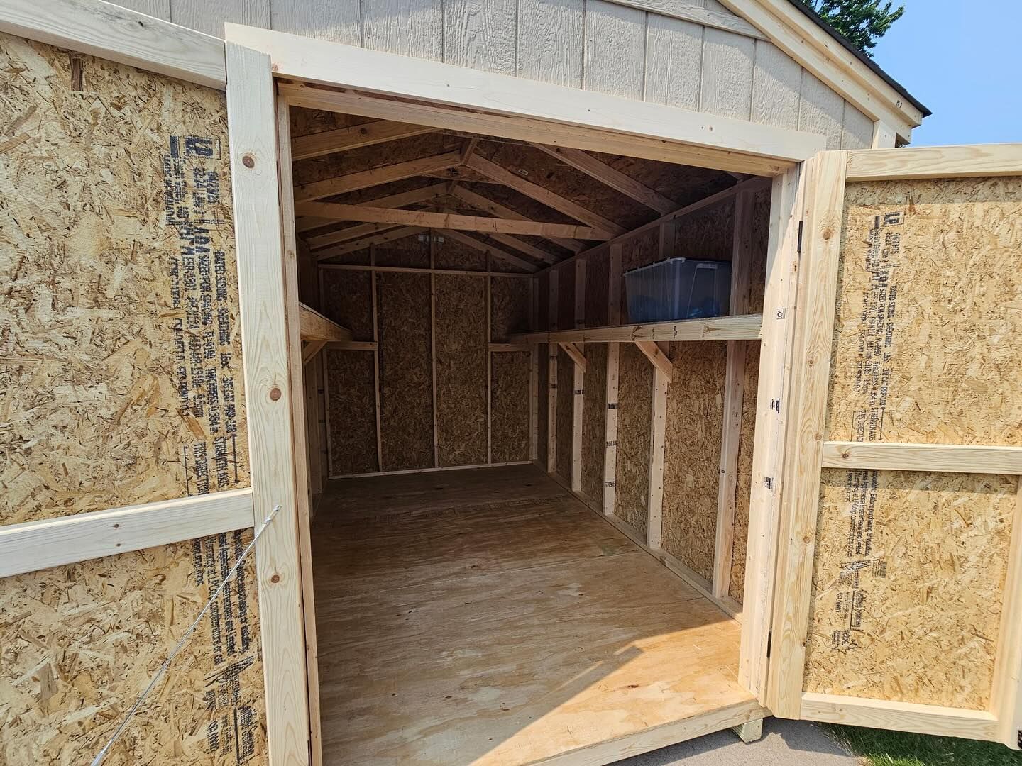 An interior view of a newly constructed storage shed, showing the open double doors, plywood floor, and OSB-paneled walls. The shed features exposed roof rafters, wood framing, and a corner shelf with two clear plastic bins.