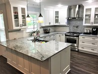Viscon White granite kitchen countertops with a flat edge.