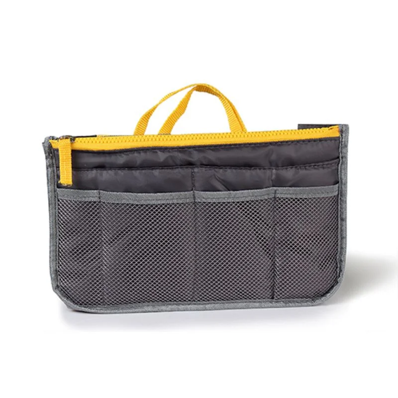 A dark gray nylon organizer bag with a yellow zipper and handles is shown against a white background. The bag has multiple pockets and mesh compartments on the front.