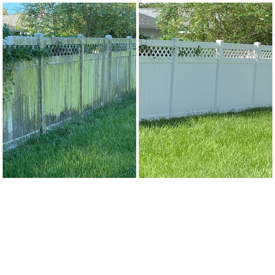 Professional vinyl fence cleaning in Davenport, FL, removing green algae, mildew, dirt, and organic buildup.
