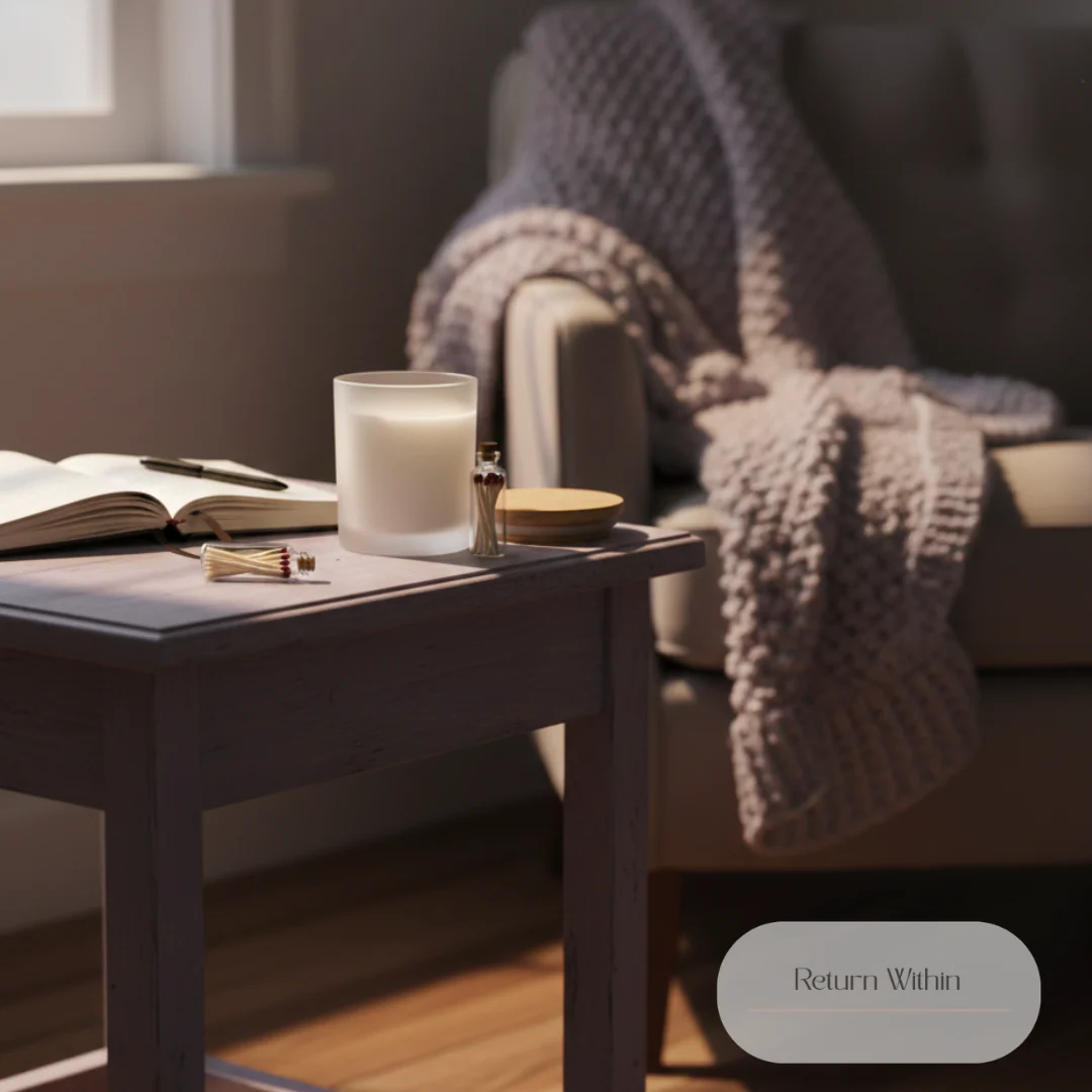 A dimly lit, cozy scene featuring a frosted glass candle with a white interior, a small glass vial filled with matches, and an open notebook with a pen resting on a light-colored wooden side table. A soft, textured blanket is draped over a chair in the background, suggesting a peaceful and contemplative atmosphere. A subtle oval graphic with the text "Return Within" is present in the lower right corner.