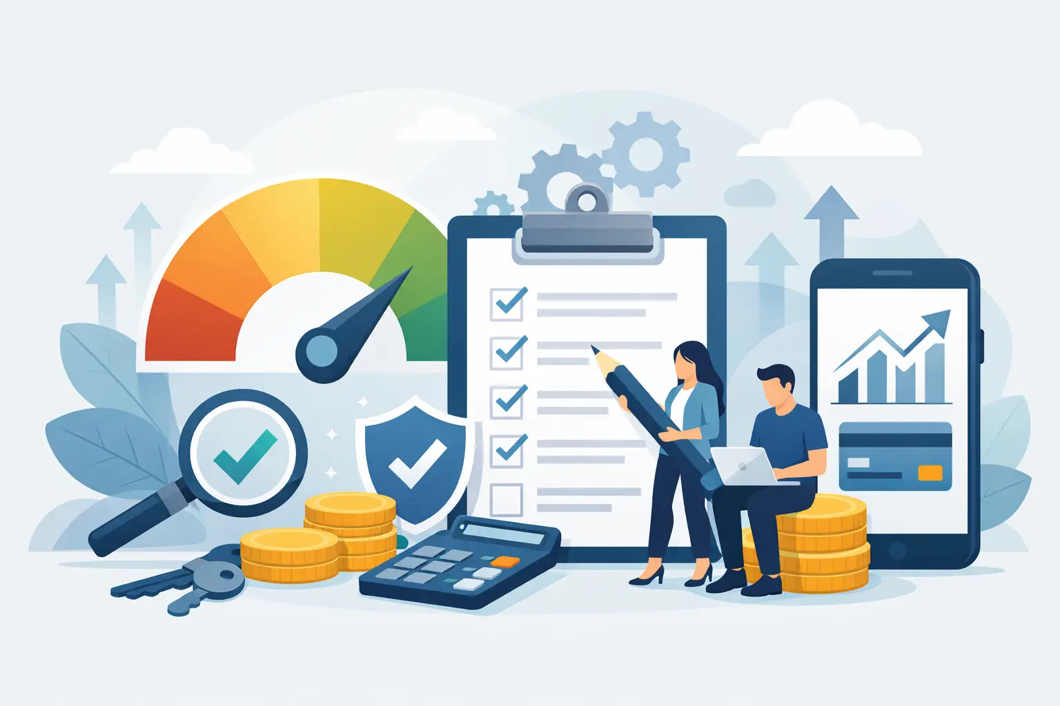An illustration depicting financial concepts such as credit score, financial planning, and investment. A gauge shows a credit score in the moderate to good range. A checklist on a clipboard, a magnifying glass with a checkmark, a shield with a checkmark, keys, coins, a calculator, and a smartphone displaying a financial graph are also featured. Two stylized figures are present: one standing and holding a large pencil, and another sitting with a laptop.