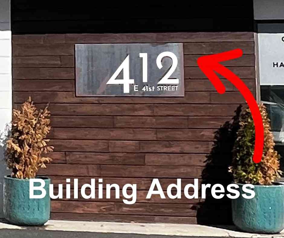 Building Address Marker:  Close-up view of the 412 E 41st Street building address entrance marker for Lynne Coaching & Hypnosis in Garden City, Idaho. Helpful landmark image for clients arriving for in-person hypnosis and coaching sessions.