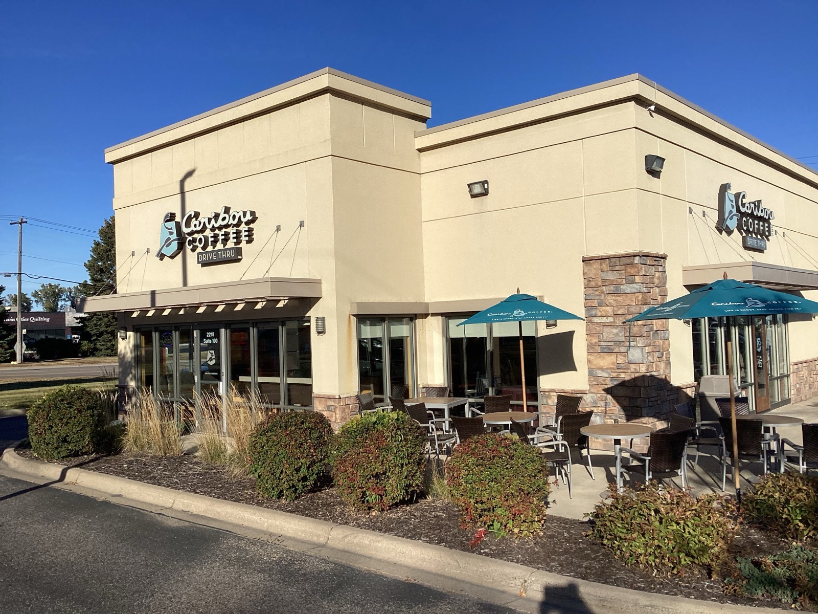 Storefront of the Caribou Coffee at 2218 County Road D in Roseville