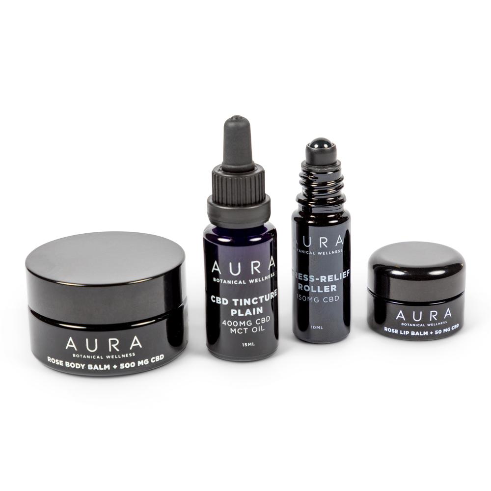CBD jars, tincture and roller bottles for Aura Botanical Wellness. Custom packaging by PLC Print.