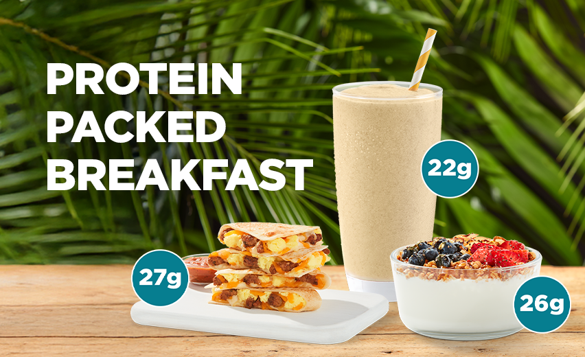 Image of high-protein breakfast items at Tropical Smoothie Cafe including a Peanut Paradise™ banana peanut butter protein smoothie, toasted Sausage Egg & Cheese ‘Dilla, and Mixed Berry Greek Yogurt Bowl with fresh fruit— a delicious high-protein breakfast on the go.