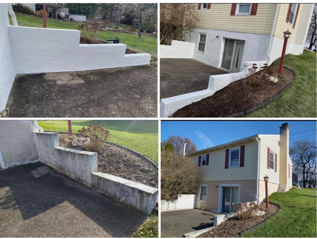Before-and-after stucco repair completed by LePore Stucco Services on a residential retaining wall and lower-level exterior. This project involved repairing deteriorated stucco, restoring clean lines, and applying a durable, weather-resistant finish. LePore Stucco Services provides professional stucco repair and exterior restoration for homes throughout Avondale, PA, Chester County, and nearby areas of Pennsylvania and Delaware.