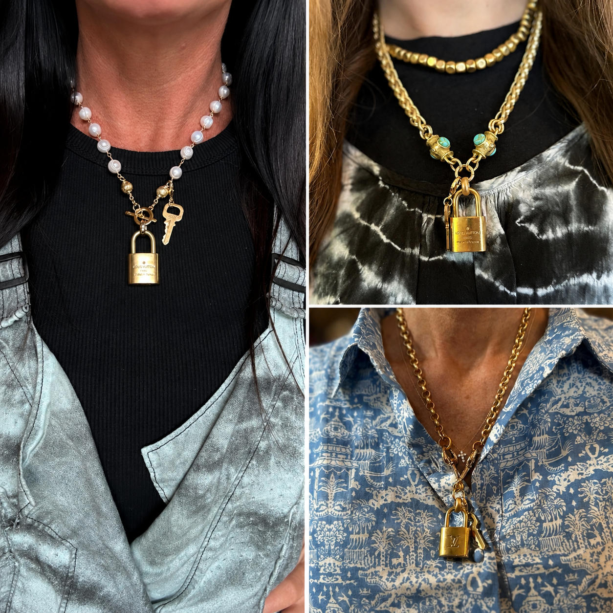 Oooooohhh Louis V!!! More Philip Allen Hefner designs have arrived. Discover handcrafted statement necklaces featuring authentic Louis Vuitton lock pendants, vintage-inspired chains, pearls, and bold designer style.