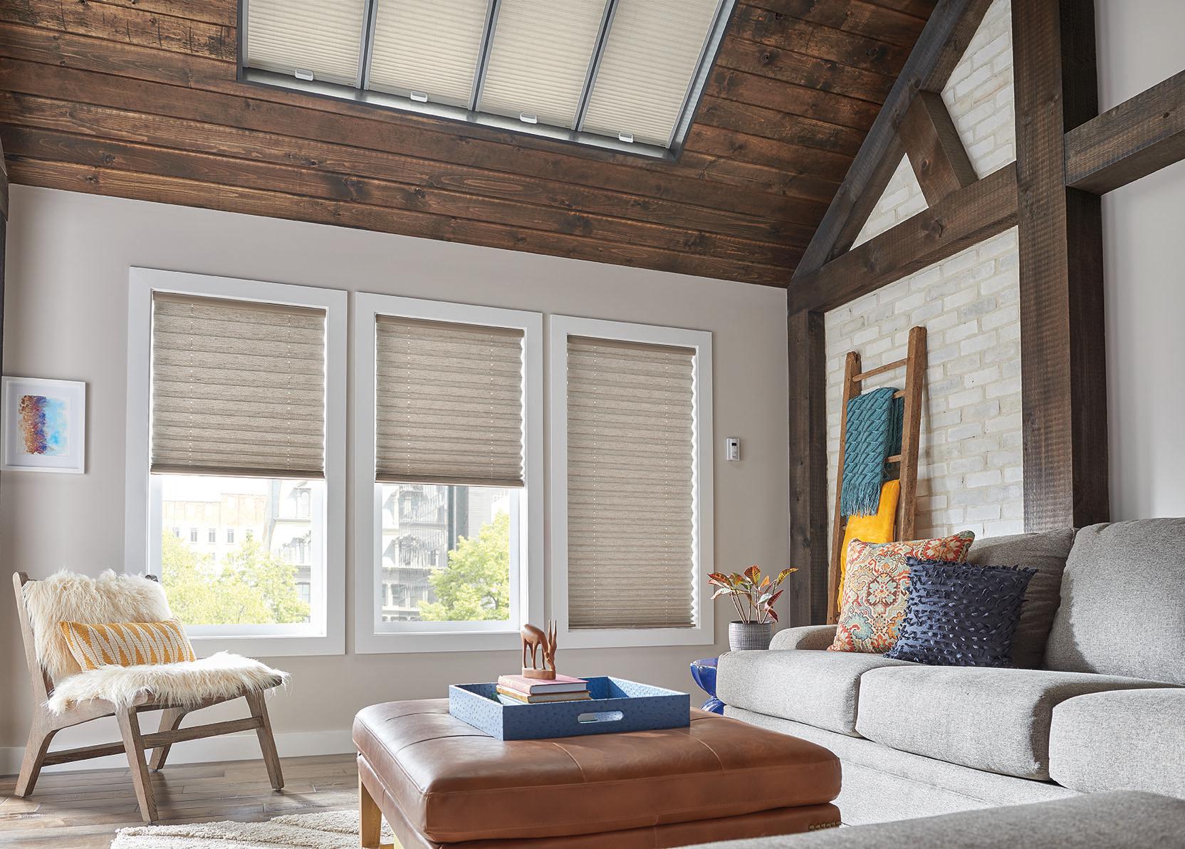 Accent your beautiful beams with neutral window treatments in your living room