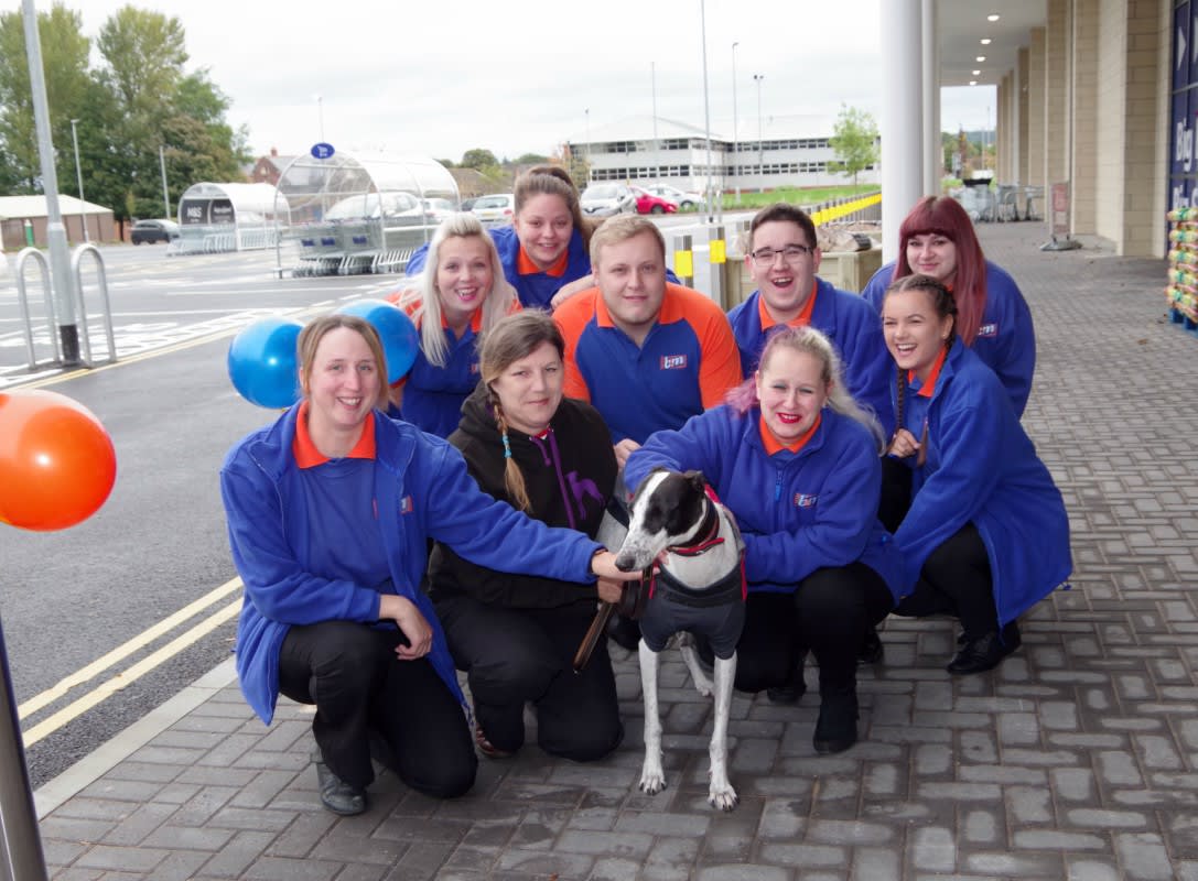 Store staff at B&M Guisborough, located at Cleveland Gate Retail Park, make a fuss of Tiffany the greyhound.