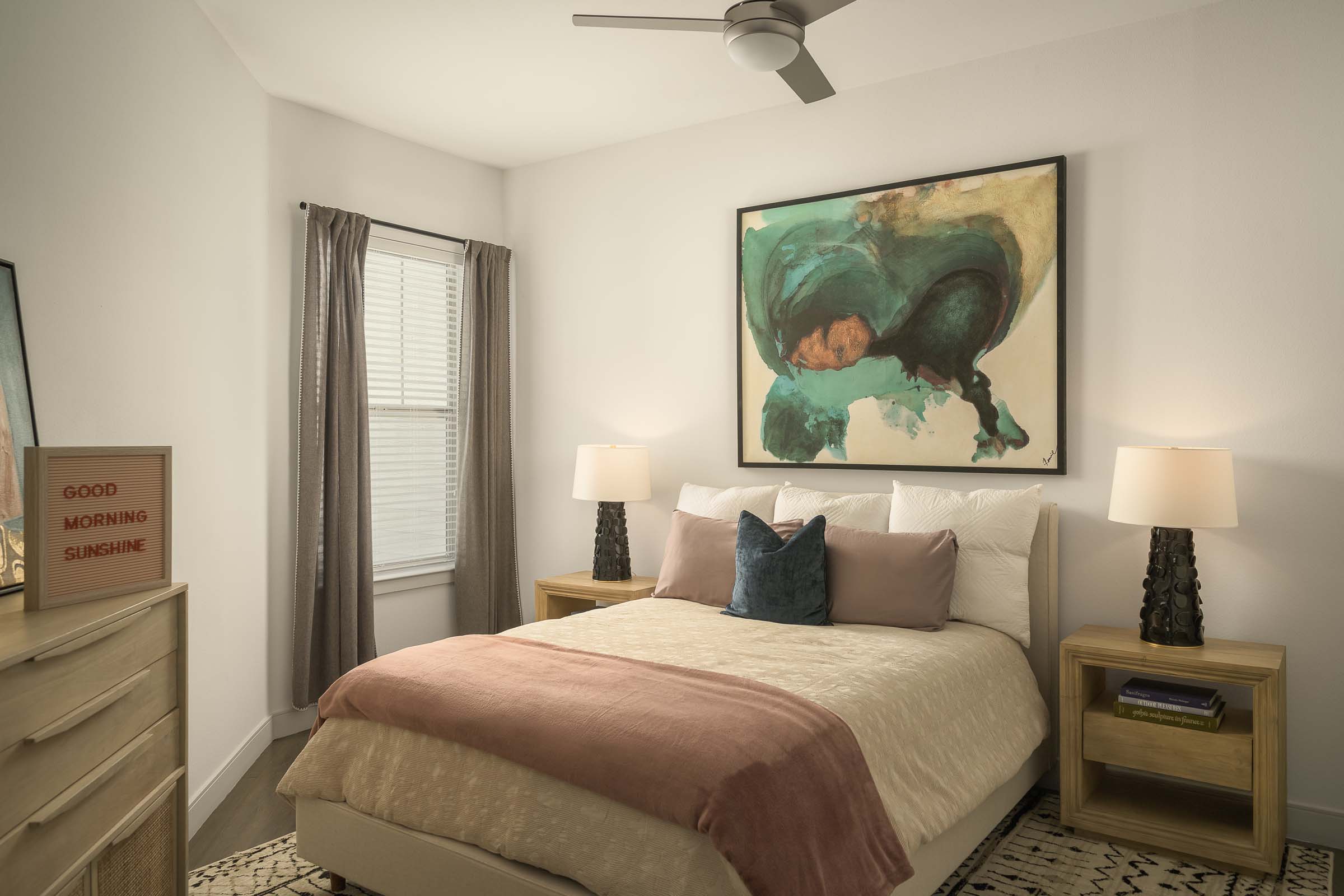 Bedroom with ceiling fan at Camden Gilbert apartment homes in Gilbert, AZ