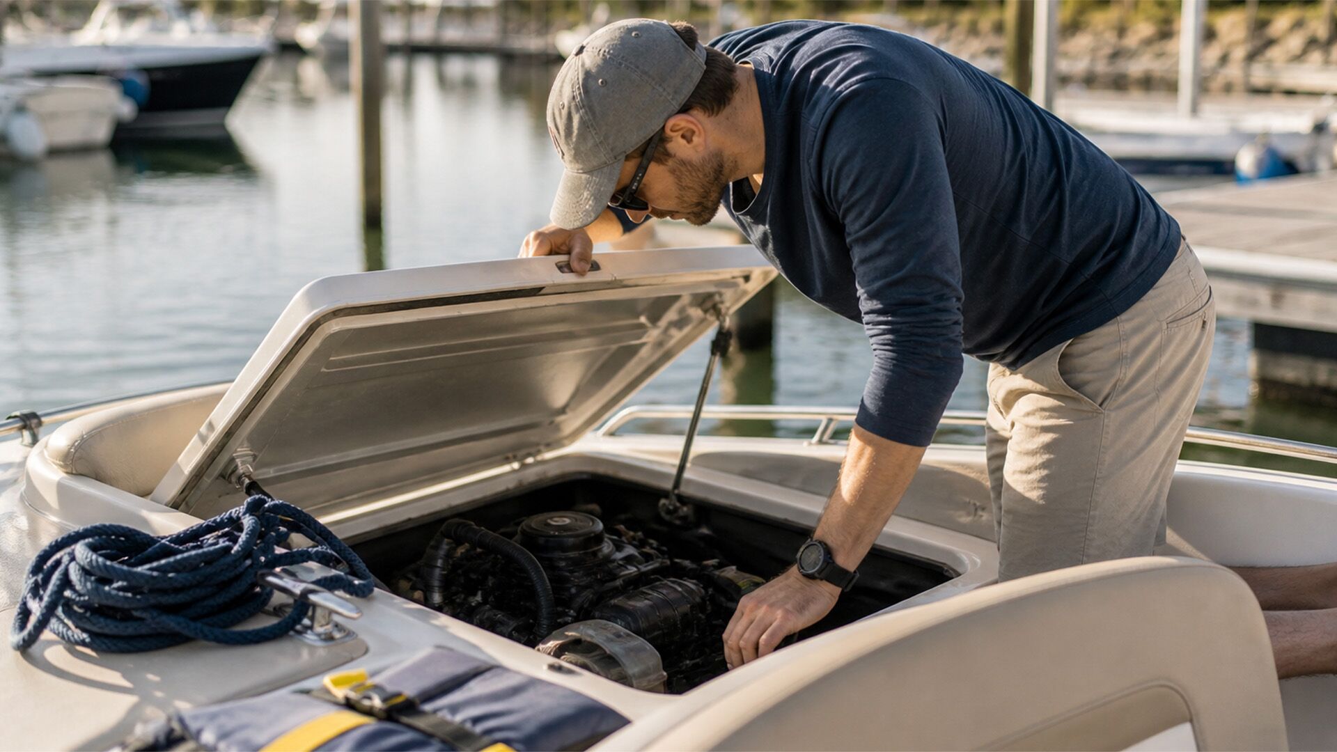 A man checks the engine of a boat