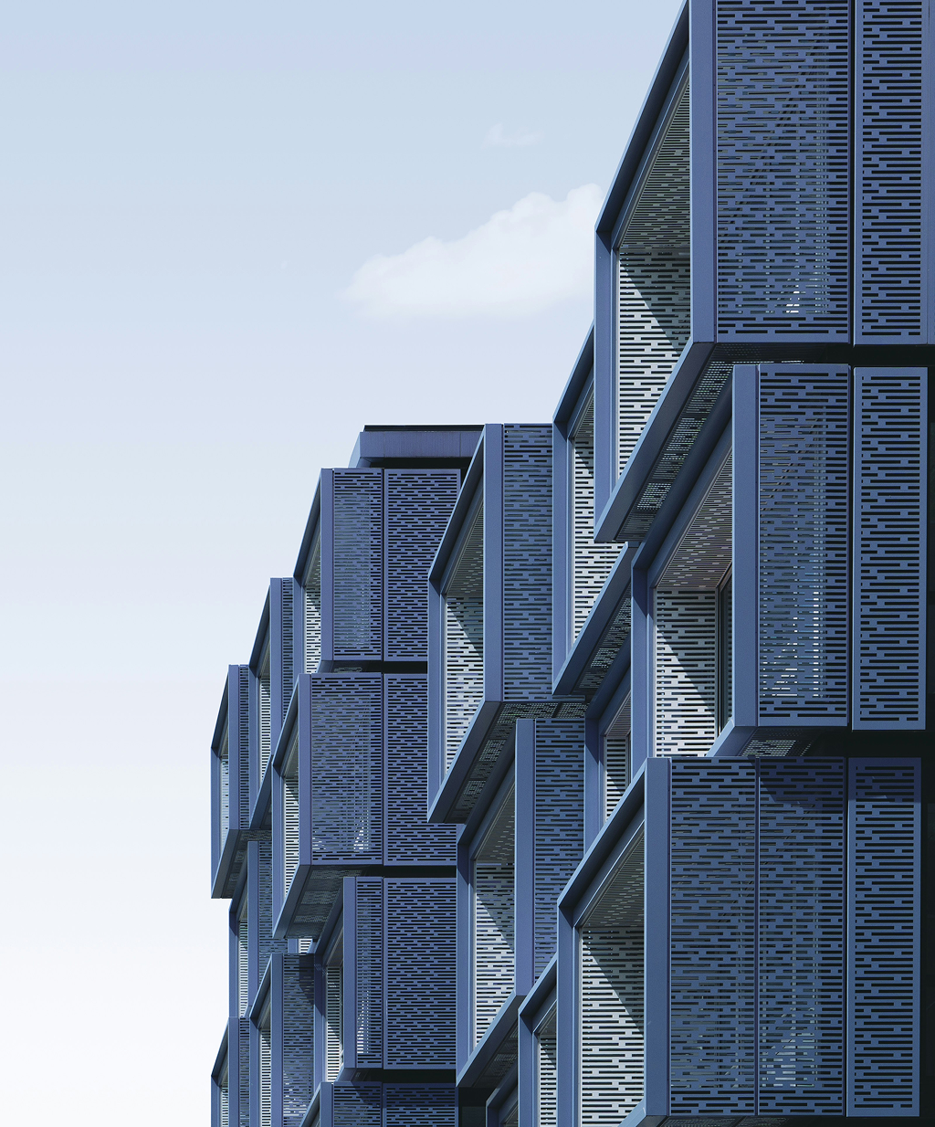 Brutalist architecture against a blue sky.