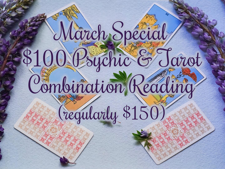March Special: $100 Psychic and Tarot Card Combination Reading (regularly $150).  Get details about love and relationships, friends and family, career, health, and wealth.  Find out about your past, present, and future. Call Psychic Ames today!