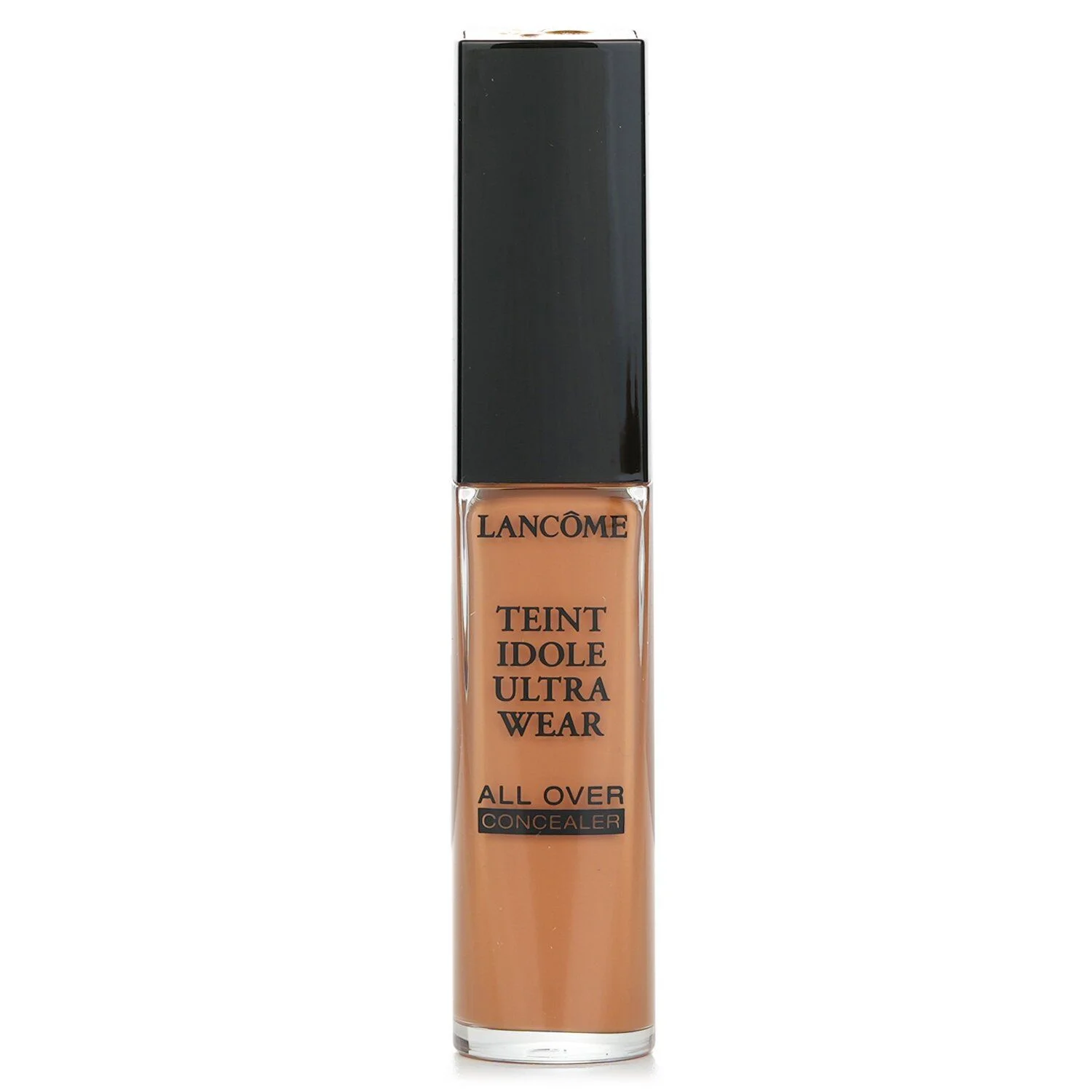 A close-up studio shot of a bottle of Lanc&ocirc;me Teint Idole Ultra Wear All Over Concealer in a medium-tan shade against a white background.
