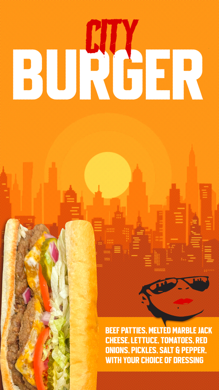 City Burger! Beef patties, melted marble jack cheese, lettuce, tomatoes, red onions, pickles, salt & pepper with your choice of dressing.
