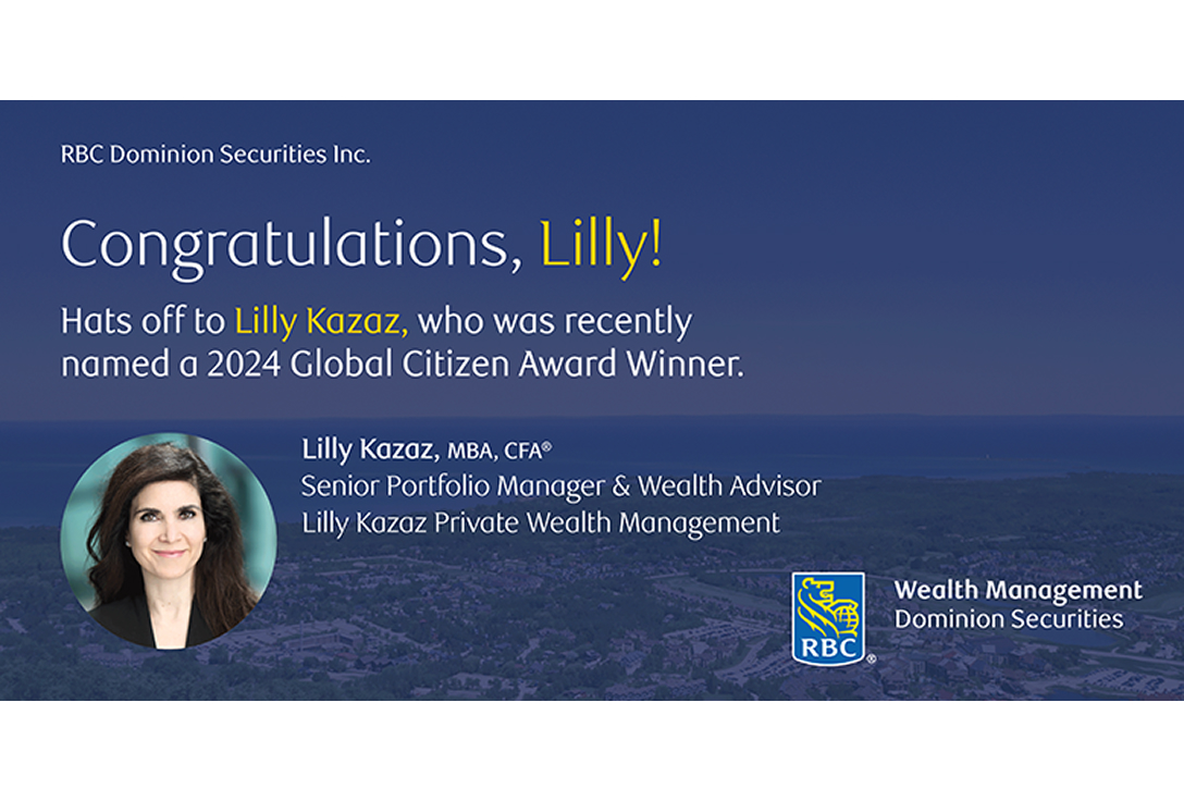 Congratulations message to Lilly Kazaz for winning the 2024 Global Citizen Award. Includes her photo and RBC Dominion Securities logo on a blue background.