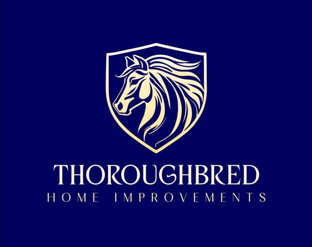 A logo featuring a golden horse head inside a shield against a dark blue background, with the words "THOROUGHBRED HOME IMPROVEMENTS" below.