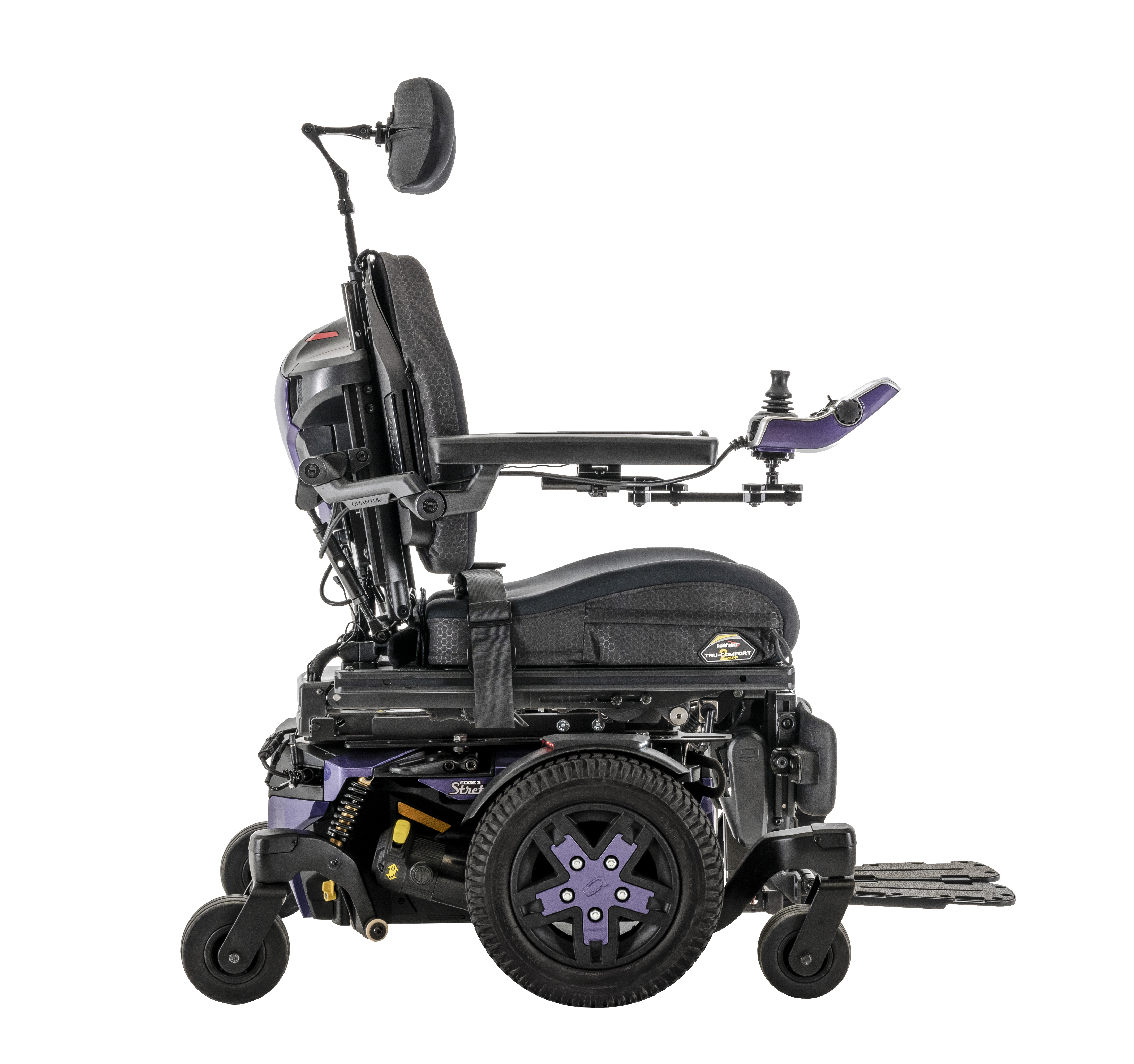 An image of a black and purple power wheelchair