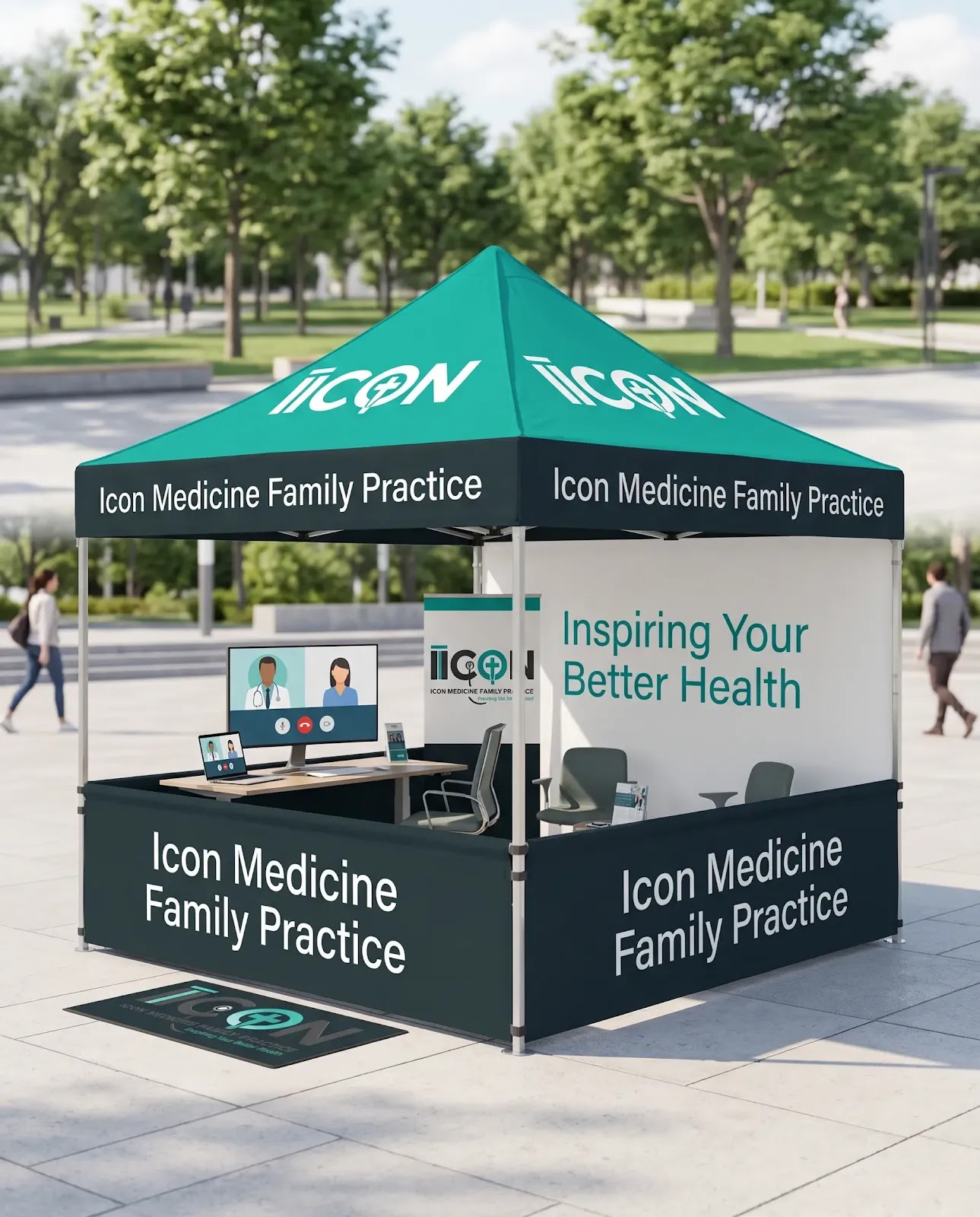 A branded medical practice booth is set up outdoors with trees and people in the background. The booth has a teal canopy with white "ICON" logos and text reading "Icon Medicine Family Practice." Inside the booth, there's a desk with a computer displaying a video call between two medical professionals, a laptop, and chairs. A large banner on the back wall reads "Inspiring Your Better Health." The sides of the booth also display "Icon Medicine Family Practice." A mat with the "ICON" logo is on the ground in front of the booth.
