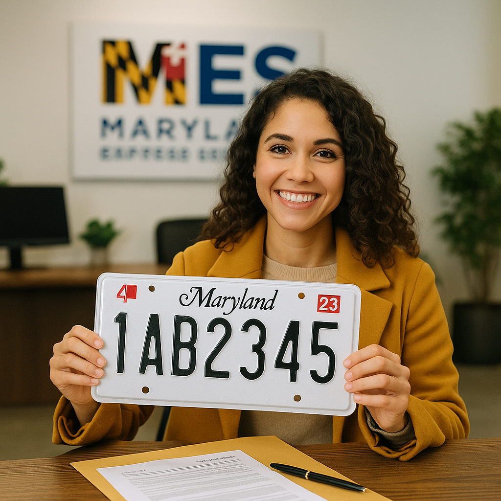 Customer receiving assistance with tag and title paperwork at our Ellicott City office