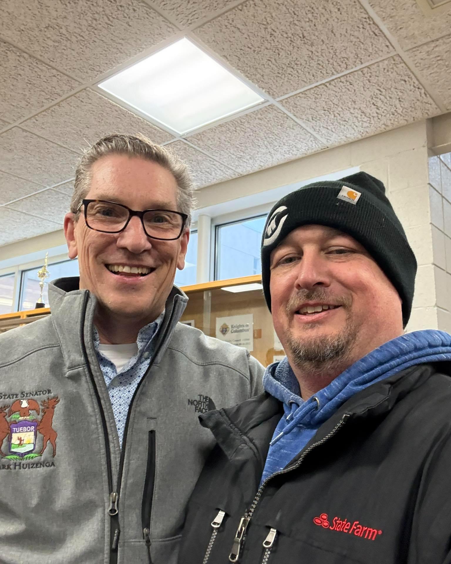 Spent Friday afternoon volunteering at a local fish fry. High winds, snow, and cold weren&rsquo;t going to stop us. Thank you, Senator Huizinga, for coming out to support us.