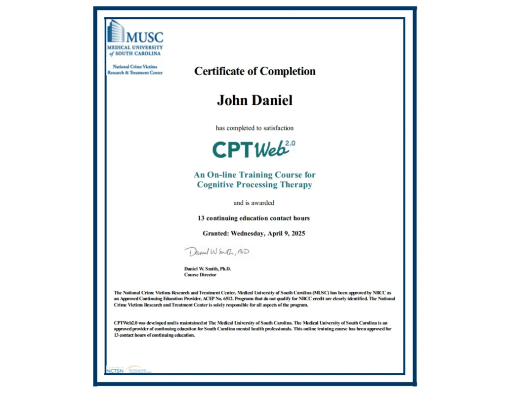 A certificate of completion for an online training course titled "CPT Web 2.0 An On-line Training Course for Cognitive Processing Therapy". The certificate is awarded to John Daniel and grants 13 continuing education contact hours. It is issued by the Medical University of South Carolina (MUSC), National Crime Victims Research & Treatment Center, and was granted on Wednesday, April 9, 2025. The certificate is signed by Daniel W. Smith, PhD, Course Director. The bottom of the certificate includes text about CPTWeb 2.0 being developed and maintained by MUSC and approved by NBCC as an Approved Continuing Education Provider, and also features logos for NCTSN and another unidentifiable entity.