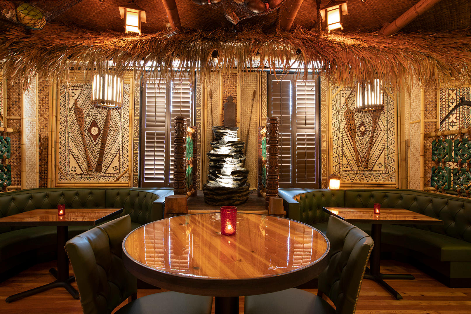 The Bamboo Room tiki bar is an immersive, exotic tropical hideaway nestled in the heart of Downtown Savannah. The design of The Bamboo Room features a collection of artifacts sourced from around the globe, personal collections, and hand-carved one of a kind items.