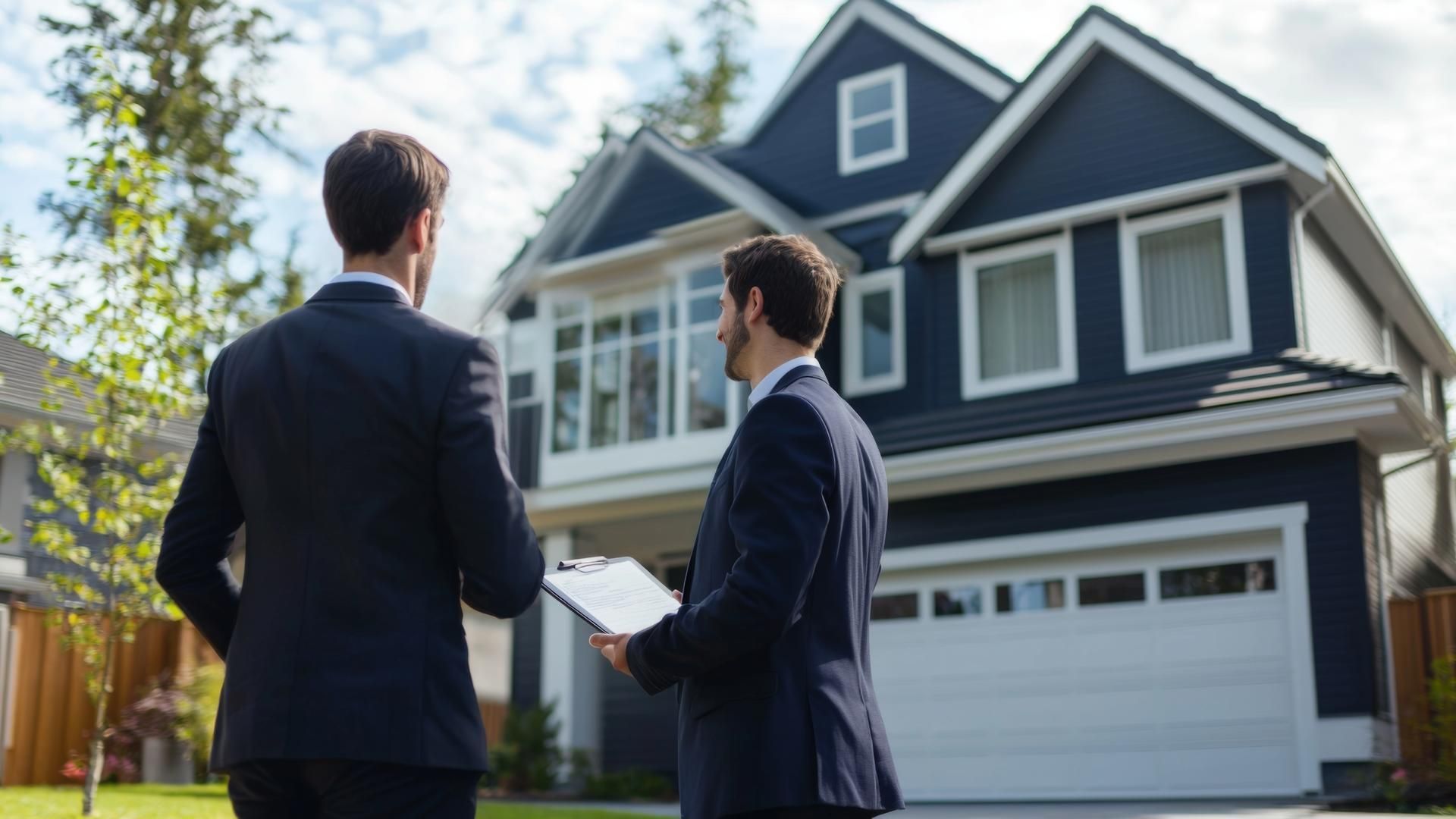 Two real estate professionals standing outside a modern residential property while reviewing documents during a home inspection or property evaluation. The image highlights real estate consulting, property management, residential sales services, and professional collaboration in the housing market industry.