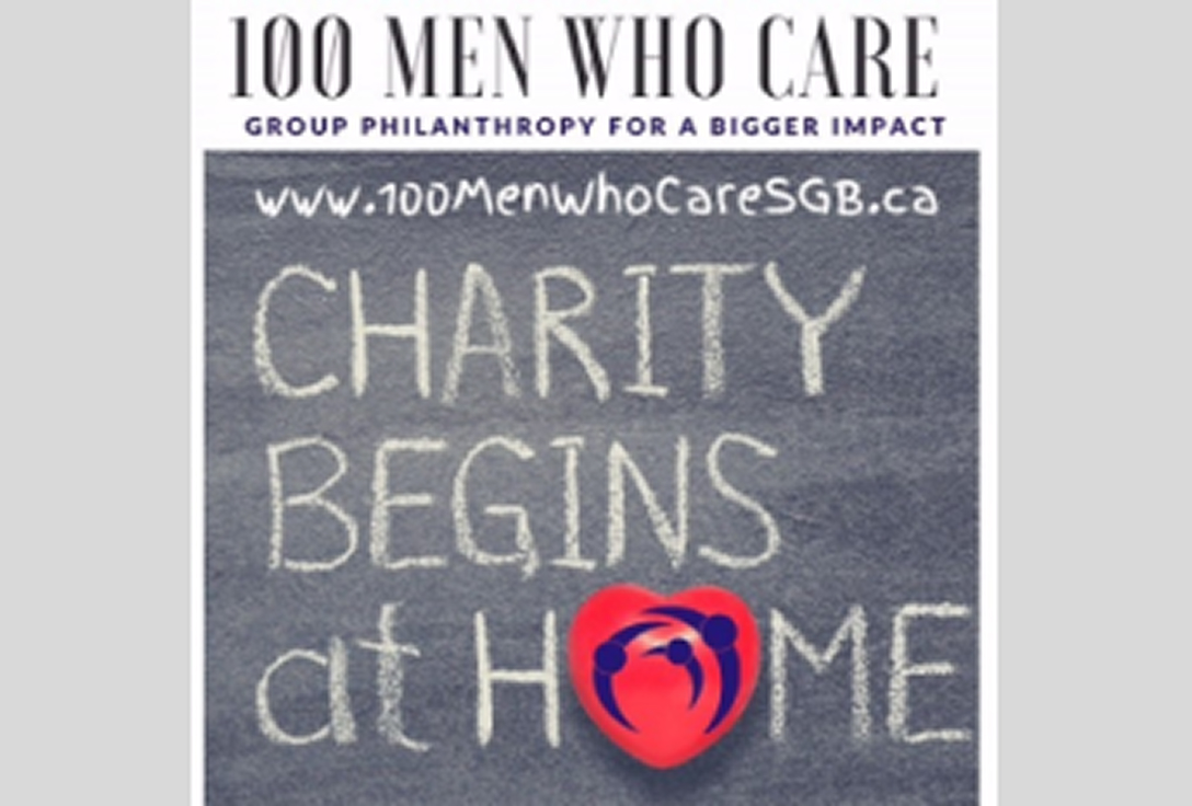Chalkboard with "Charity Begins at Home" written in white. Red heart with two figures symbolizes care. Header reads "100 Men Who Care" promoting philanthropy.