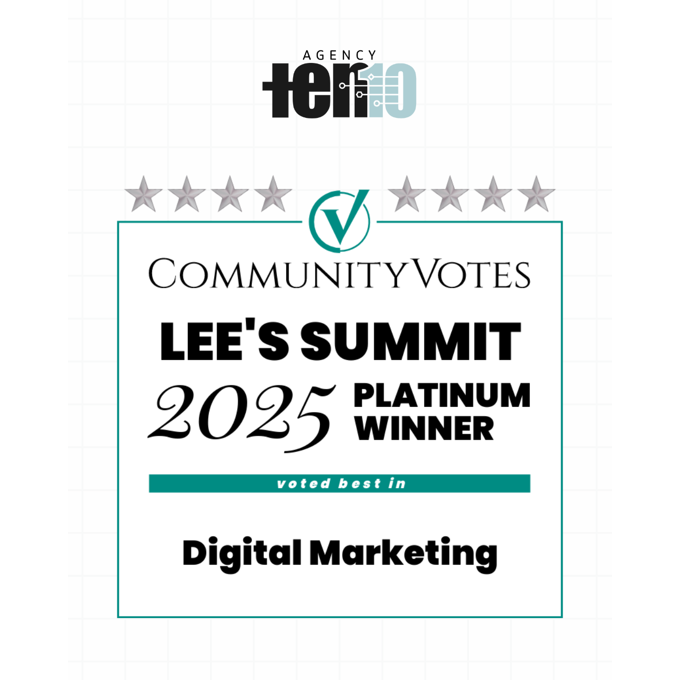 Agency Ten10 &ndash; CommunityVotes Lee&rsquo;s Summit 2025 Platinum Winner for Digital Marketing, featuring the Ten10 logo, silver stars, and award badge.