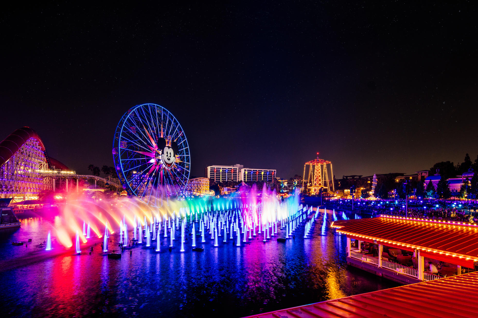 Pixar Place Hotel at Disneyland Resort view from within Pixar Pier in Disney's California Adventure Park featuring World of Color
