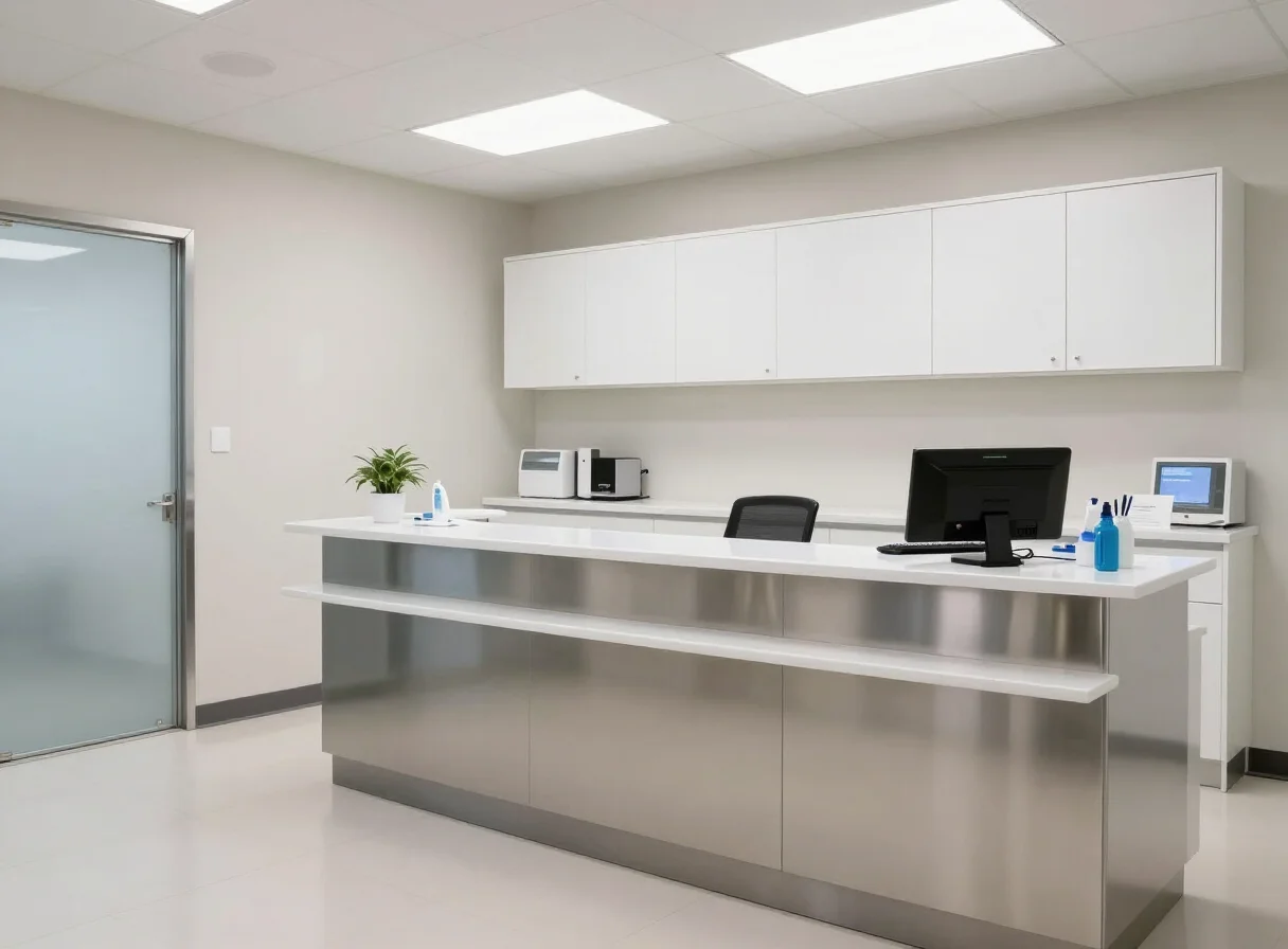 A clean and modern reception area with a stainless steel desk, computers, and white cabinets. There is a frosted glass door to the left, and the room is brightly lit by overhead fluorescent lights.
