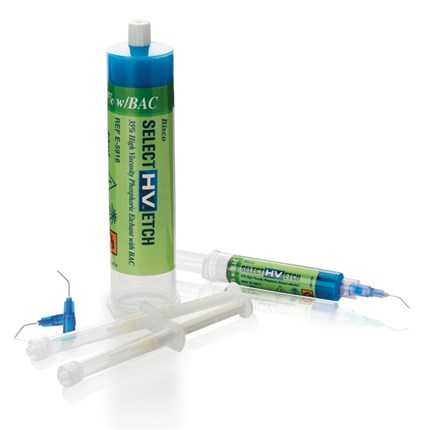 Select HV Etch is a superior 35% high viscosity phosphoric etch available with Benzalkonium Chloride (BAC). Select HV Etch is used to condition the tooth structure before bonding adhesives, composites, or sealants. Select HV Etch is specially formulated for maximum working and handling, pin-point placement performance, and eliminating run-on onto the dentin surface.