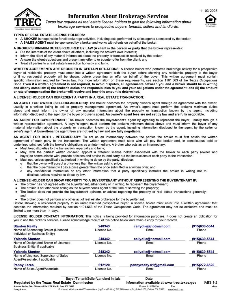 This document is a 'Information About Brokerage Services' form from TREC (Texas Real Estate Commission). It outlines the duties and responsibilities of real estate brokers and agents when working with buyers, sellers, and tenants. The form also includes contact information for several licensed real estate professionals and their sponsoring brokers, along with details about the brokerage firm.