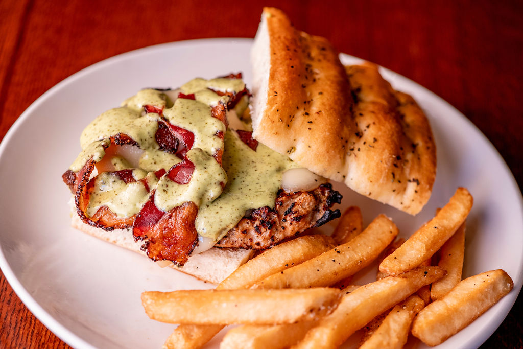 grilled marinated chicken breast, swiss, maple pepper bacon, basil pesto mayo, focaccia