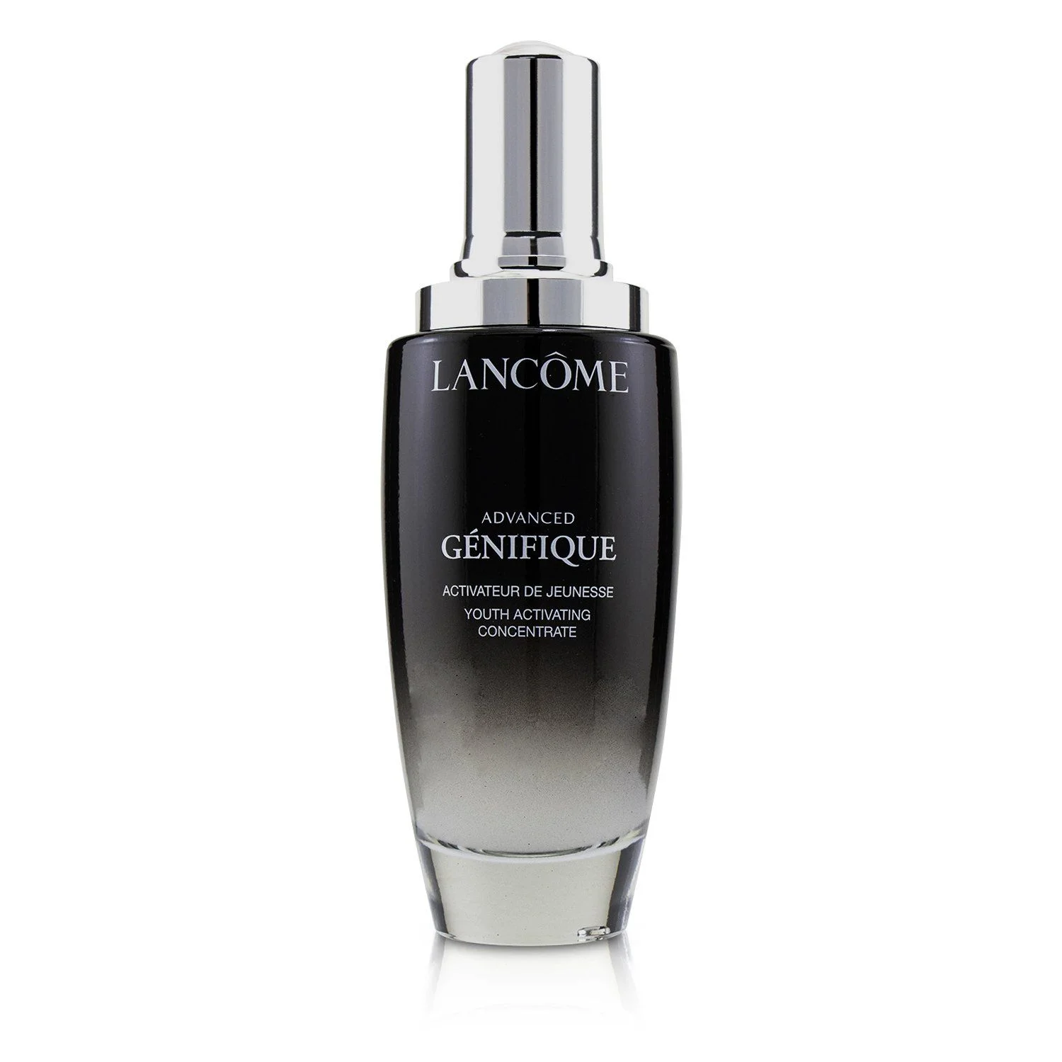 A black and silver bottle of Lanc&ocirc;me Advanced G&eacute;nifique Youth Activating Concentrate serum is shown against a white background. The bottle has a silver pump top and a gradient from black at the top to clear at the bottom. Text on the bottle reads "LANCOME", "ADVANCED", "G&Eacute;NIFIQUE", "ACTIVATEUR DE JEUNESSE", and "YOUTH ACTIVATING CONCENTRATE".