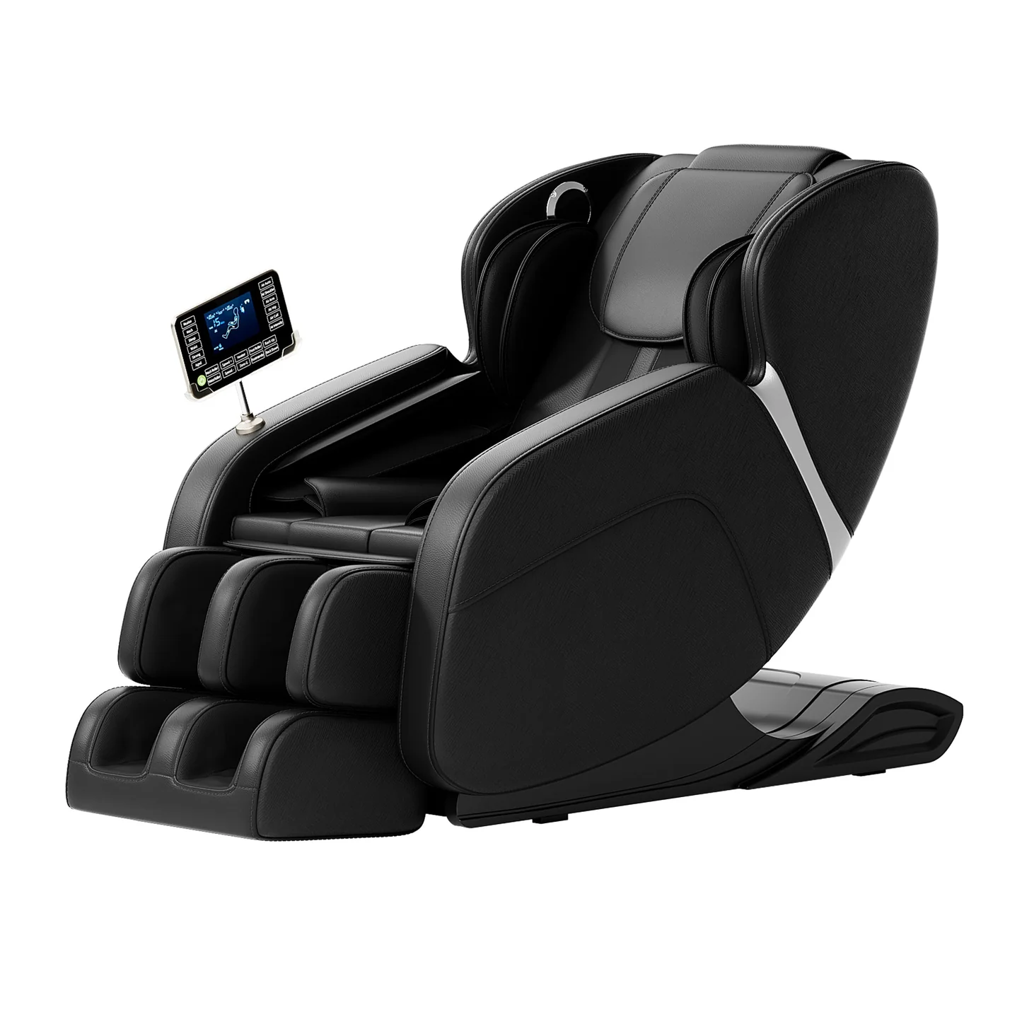 A sleek, modern black full-body massage chair with a detachable touchscreen control panel is shown in profile against a plain white background. The chair features multiple cushioning layers, including footrests with integrated airbags, and has a metallic accent strip on its side. The touchscreen displays various massage functions and settings.