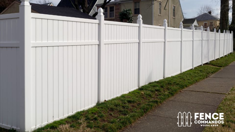 Long line of crisp white vinyl privacy fencing running parallel to a concrete sidewalk.