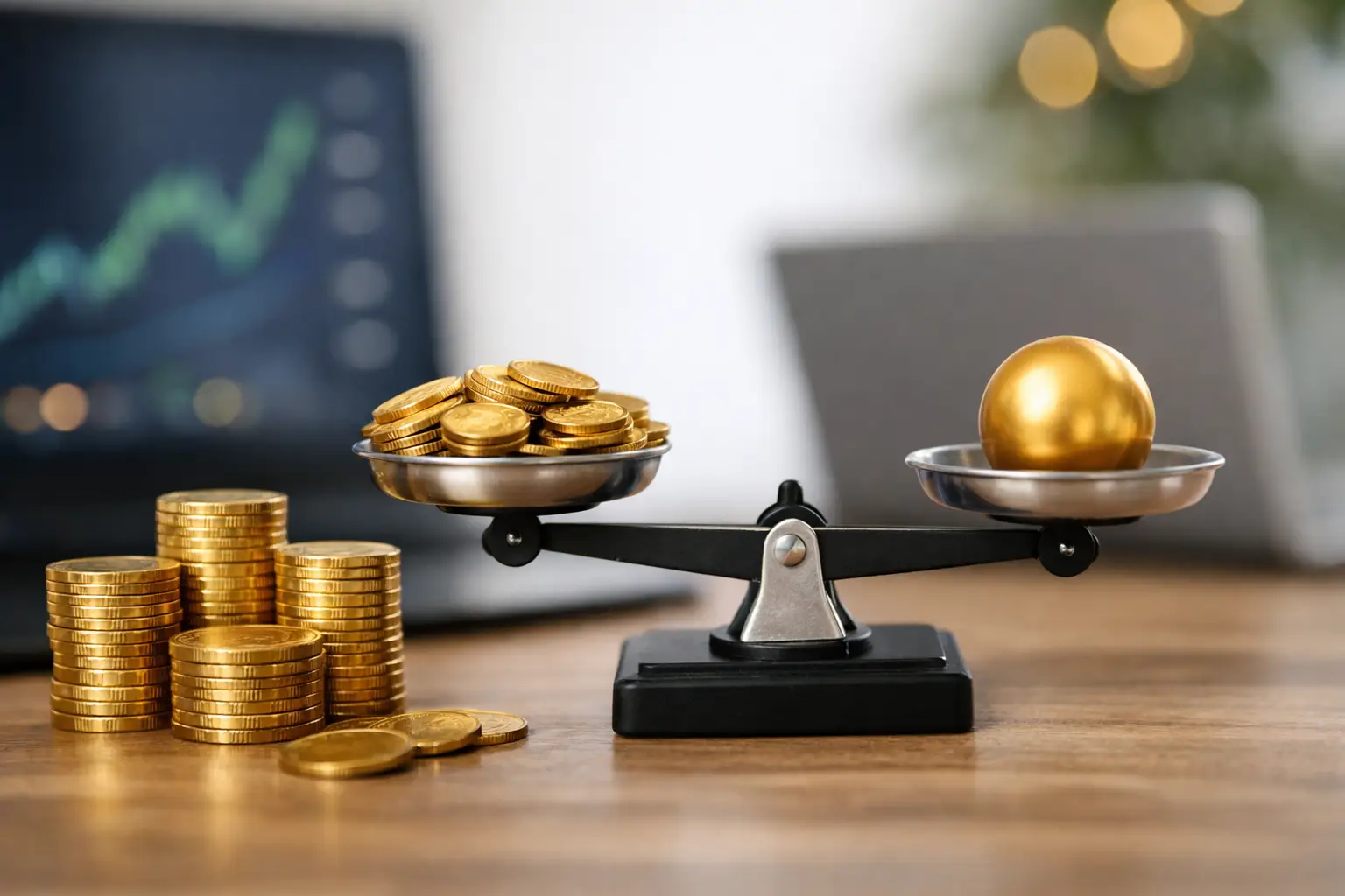 A close-up shot shows a black and silver balance scale with a pile of gold coins on the left pan and a single large gold sphere on the right pan. Several stacks of gold coins are visible on the wooden desk in front of the scale, along with a few scattered coins. In the blurred background, a laptop screen displays a green financial graph, and another laptop is visible to the right. The overall scene suggests a financial or investment theme, potentially representing the balance between different forms of wealth or investment strategies.