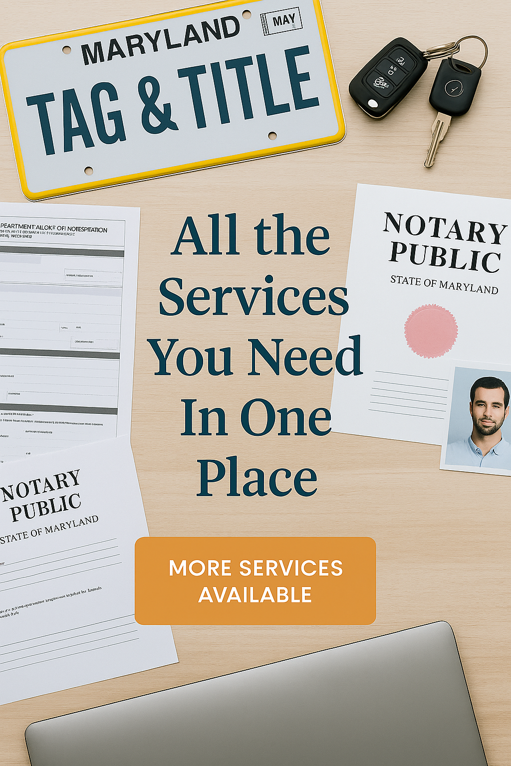 Tag and title services with notary assistance available at our Ellicott City office