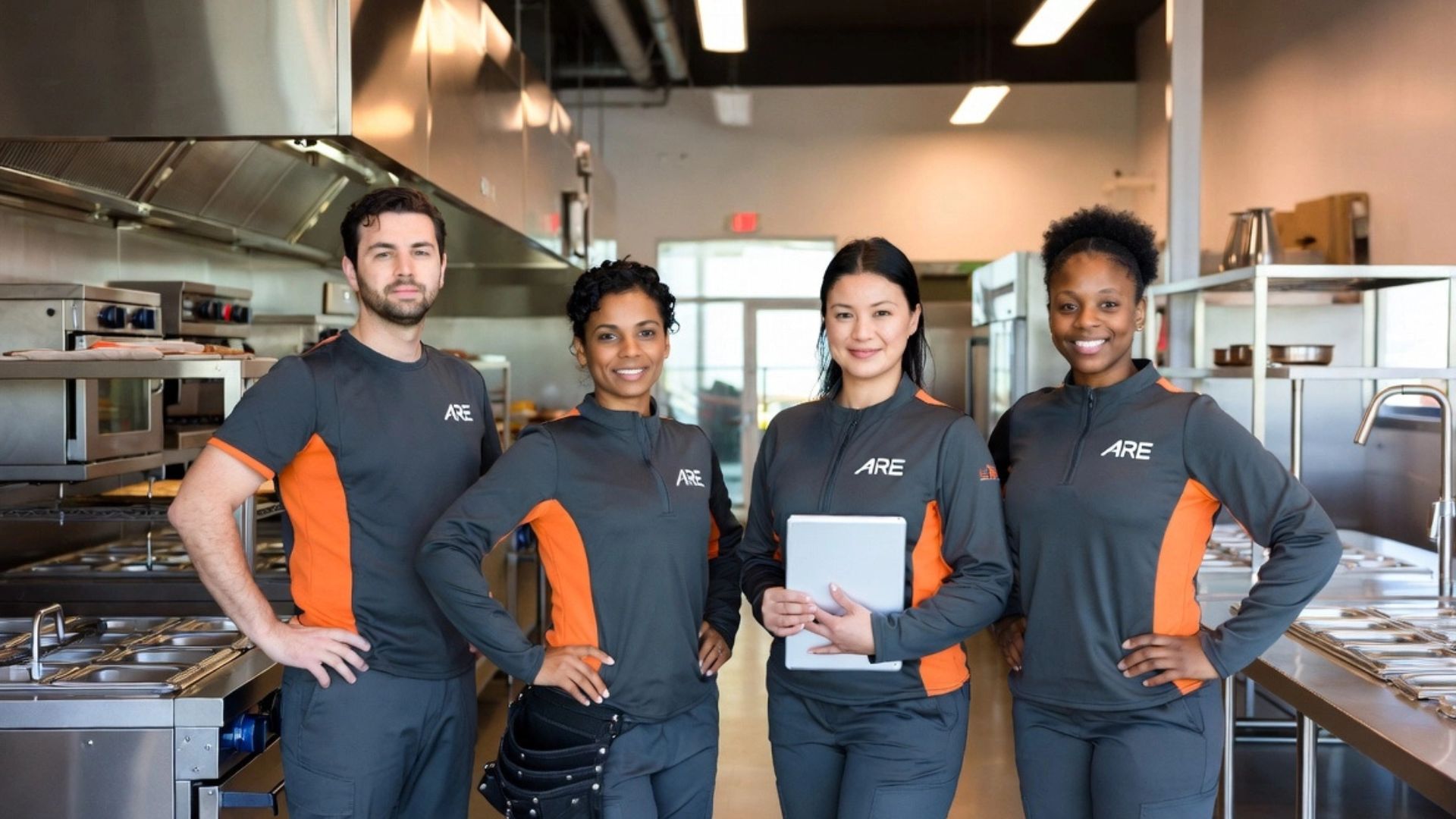 Four ARE service team members in branded grey and orange uniforms posing in a Southern California commercial kitchen facility.