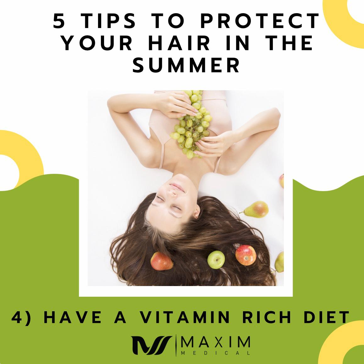 5 Tips To Protect Your Hair In The Summer

4. Include Vitamin-Rich Foods In Your Diet
The same way that a vitamin-rich diet can benefit all aspects of your body, it especially plays a role in the health of your hair. Creating a diet that is not only healthy but also contributes to healthy hair growth is not very difficult. At the end of the day, it is up to you to determine if supplemental vitamin pills/powders are also necessary. However, checking with your doctor is definitely suggested before doing so, as you may be getting enough from your diet. If you have any questions regarding hair loss solutions or any of our other services, feel free to contact us!