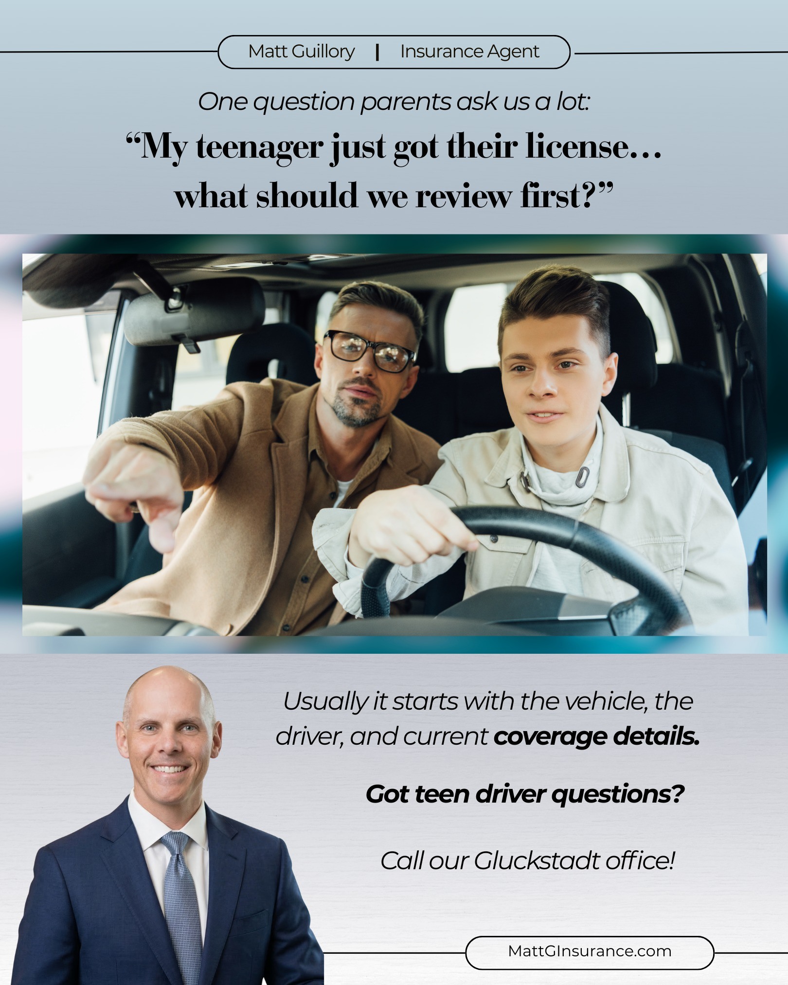 So your teenager finally got their license... Along with the excitement, there are usually a lot of questions about how vehicles and drivers will be listed moving forward. Call our Gluckstadt office; we've got answers!