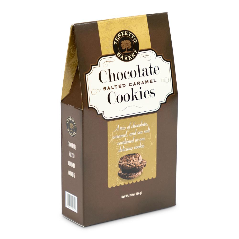 Folding carton for chocolate salted caramel cookies. Custom packaging by PLC Print.