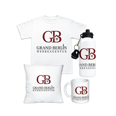 Grand Berlin Werbeagentur & Copyshop – Am Kottbusser Tor Bedruckte Werbeartikel als Set: T-Shirt, Trinkflasche, Kissen und Tasse mit Logo – perfekt für Textildruck, Merchandise, Giveaways und Markenpräsenz.