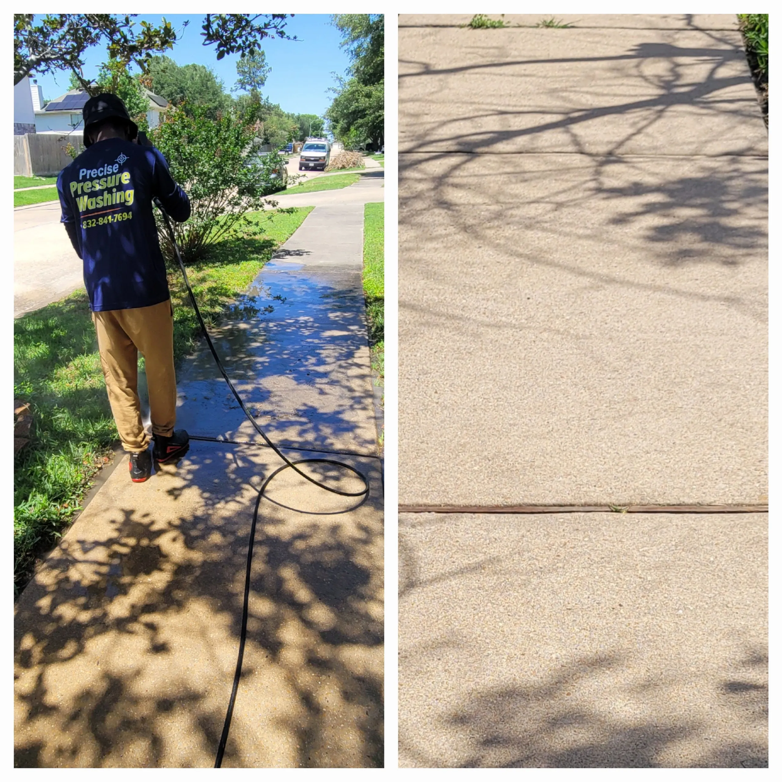 A person is pressure washing a concrete sidewalk and driveway. The person is wearing a dark blue shirt with the logo "Precise Pressure Washing" and a phone number, and tan pants. The image is split into two sides; the left side shows the person in action with water spraying, and the right side shows a close-up of the clean concrete surface with tree shadows.