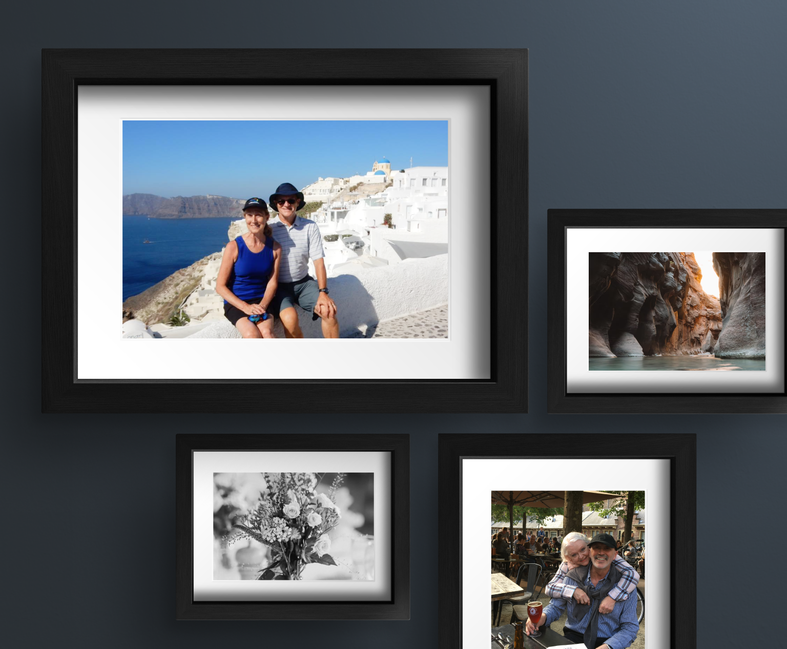 Gallery wall with pictures of clients.