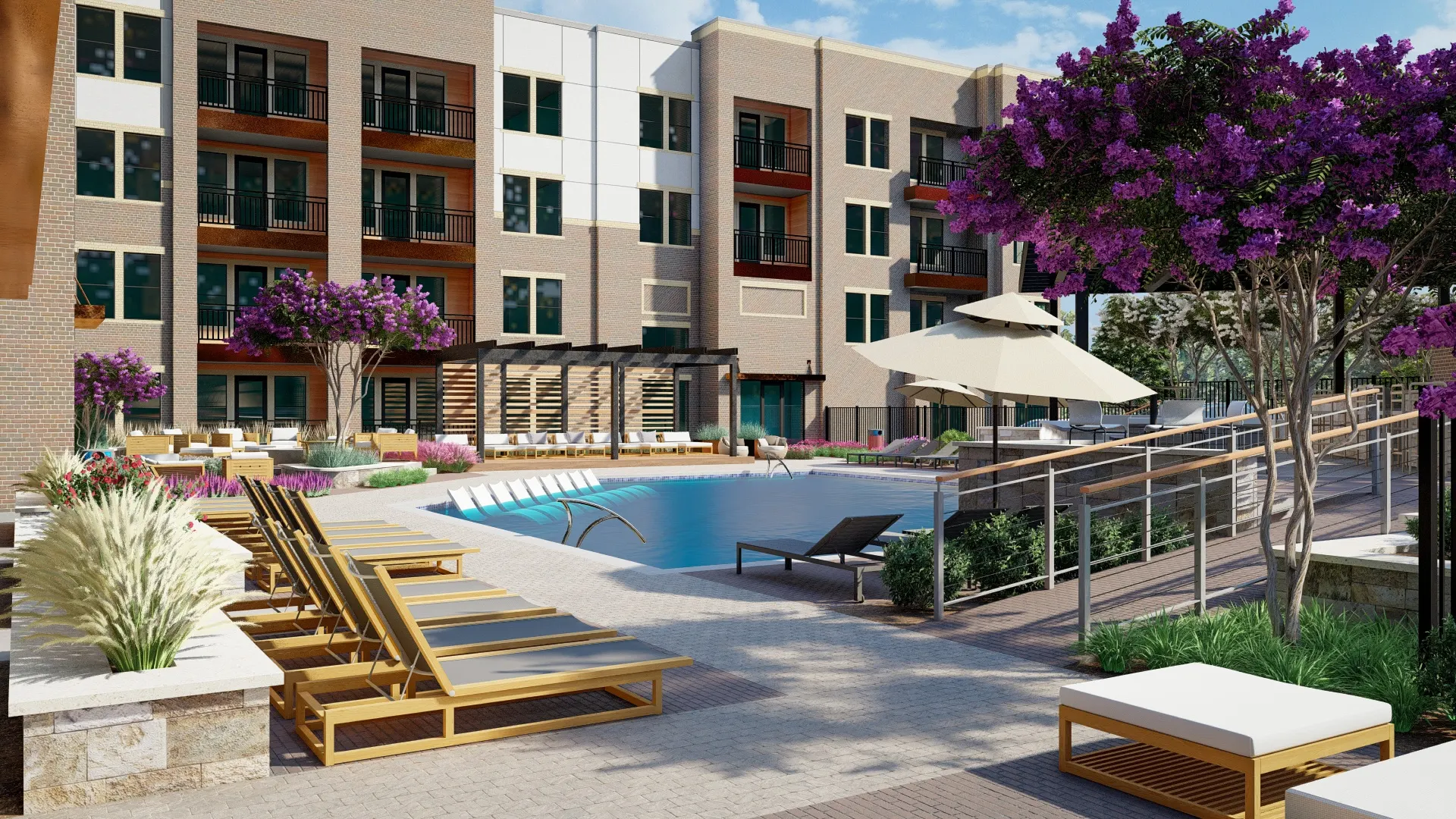 Outdoor pool with lounge chairs at The Depot at Celina apartments